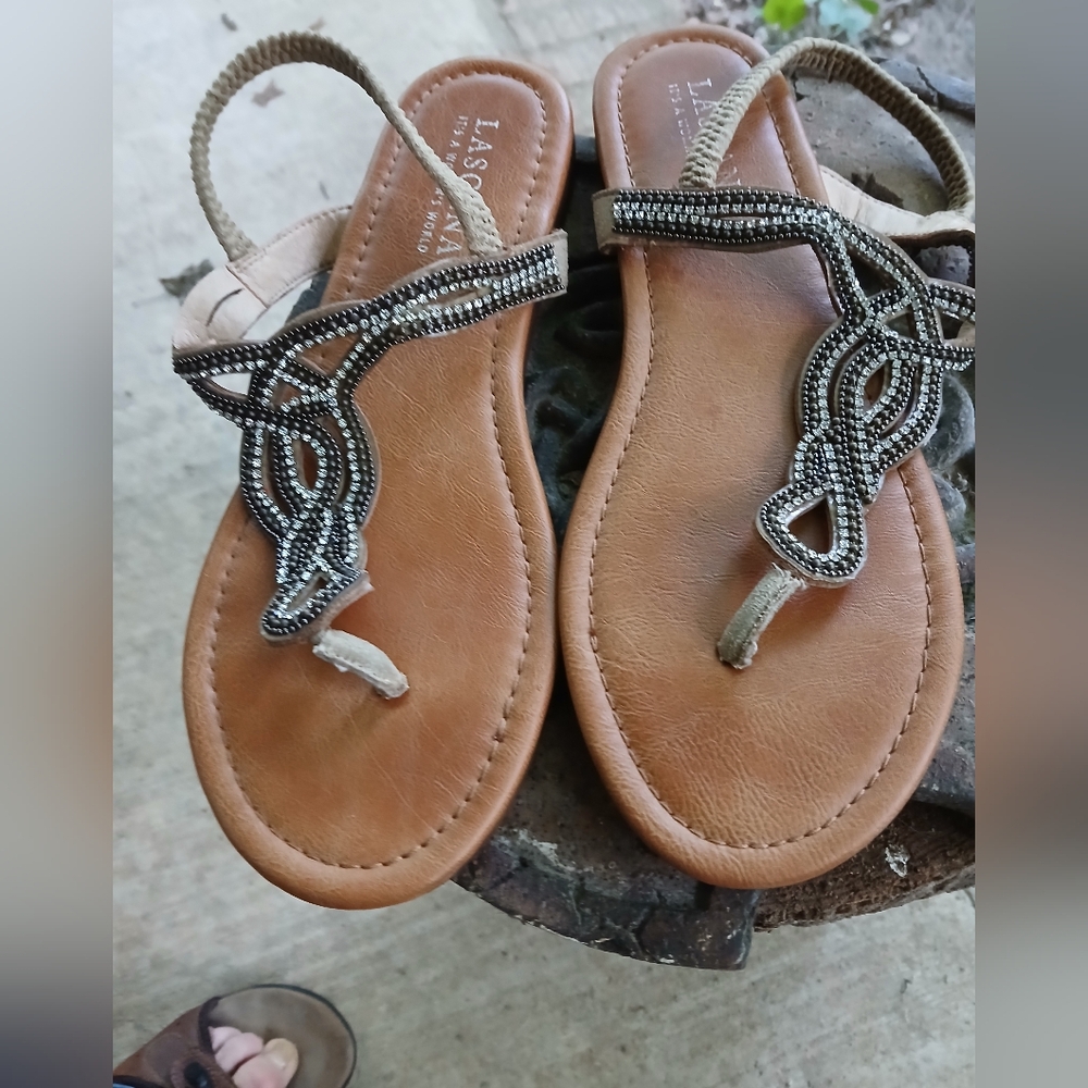 Brown Leather‎ Sandals W BLK.AND WHT.RHINESTONES. SZ.8.  LASCANA
